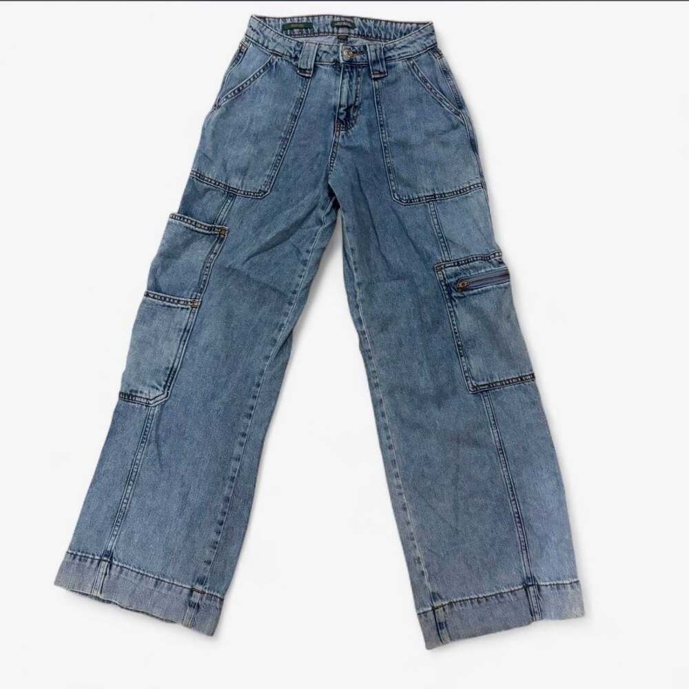High-Rise Cargo Jeans Blue Acid Wash Denim  Utility Zipper Pants
